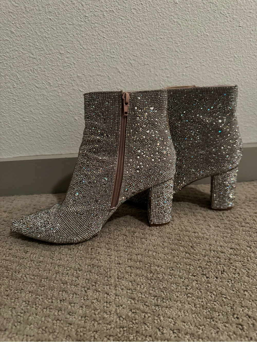 Betsey Johnson Silver Rhinestone Chunky Heel Ankle Boots